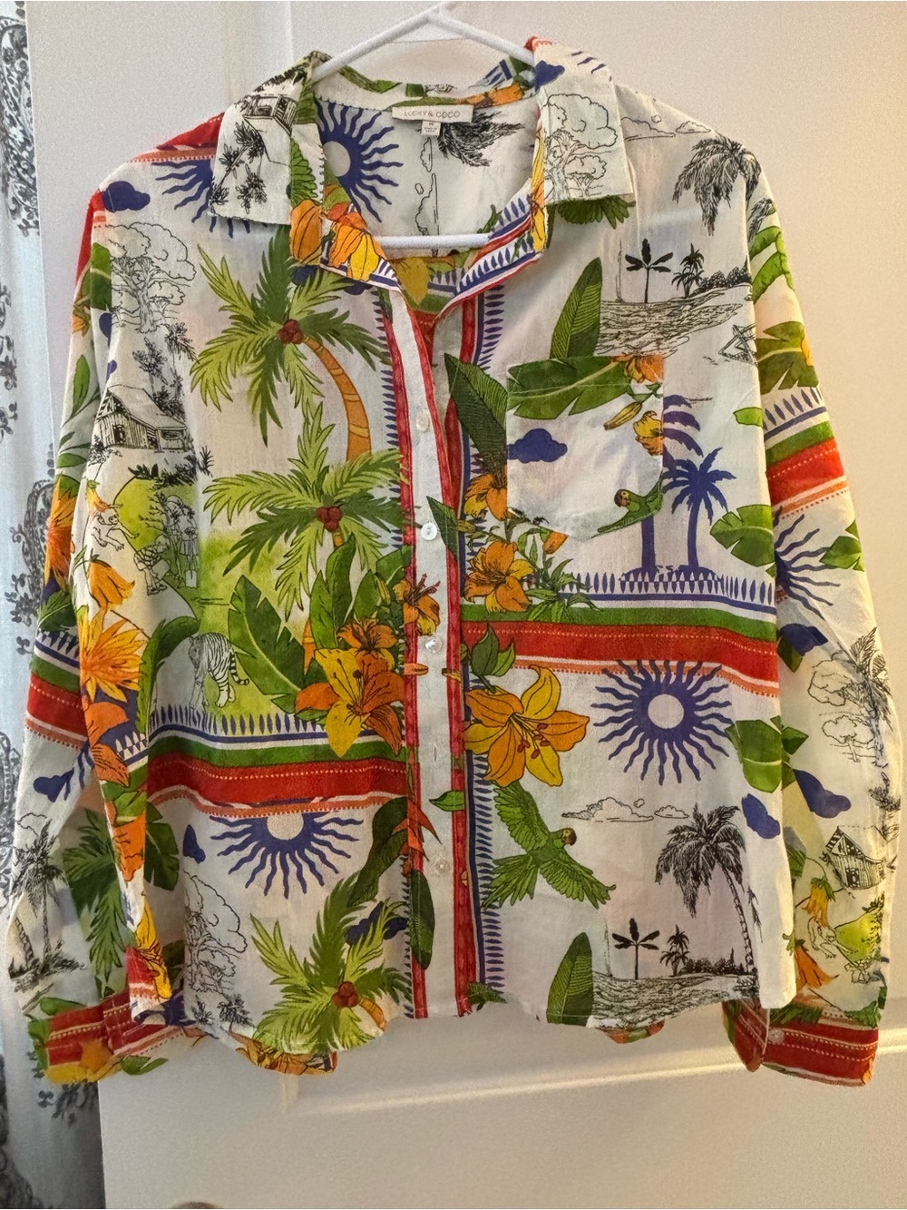 Tropical Floral Button-Down Shirt - White with Green & Orange Print